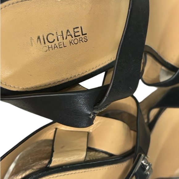 Michael Kors Black Leather Wedge Espadrille Sandals Size 10 Open Toe Ankle Strap - Picture 6 of 11